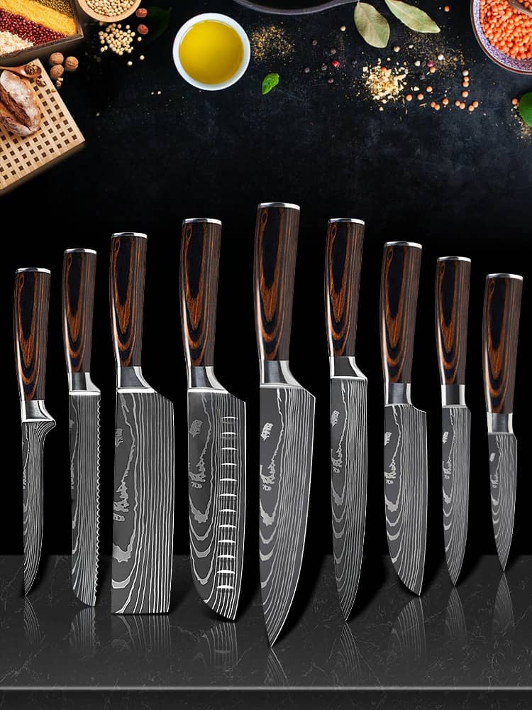 9PCs Damascus Pattern Kitchen Knives