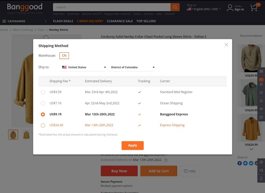 Indicated Shipping Durations