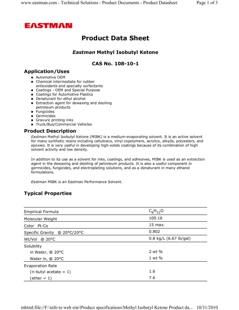 Examples of Product Specification Sheet