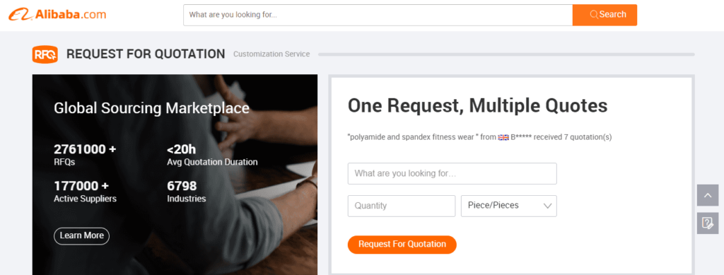 Alibaba RFQ on Homepage