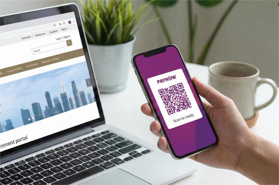 A laptop displaying the Singapore ACRA business registration portal alongside a smartphone showing the local PayNow payment interface.
