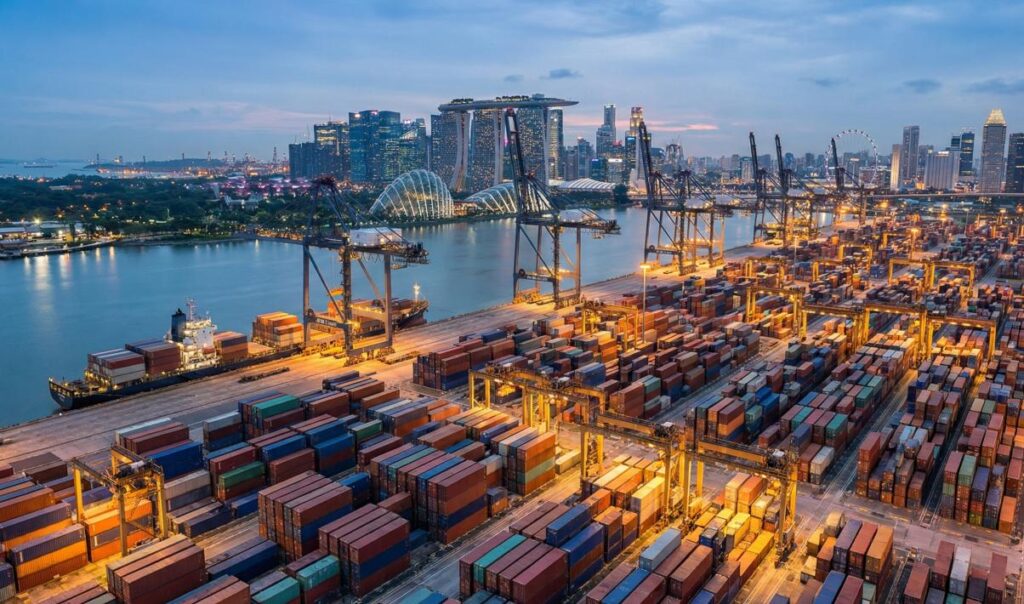 A busy container terminal at the Singapore port at dusk with the city skyline in the background, illustrating its role as a global e-commerce logistics hub.