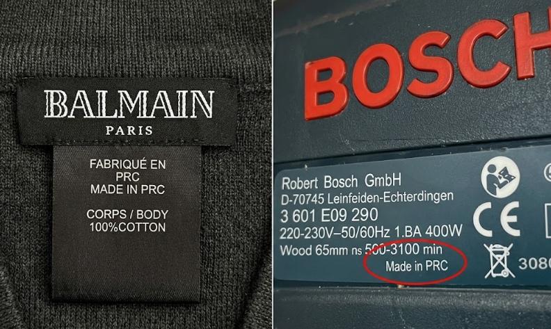 balmain and bosch using made in prc label