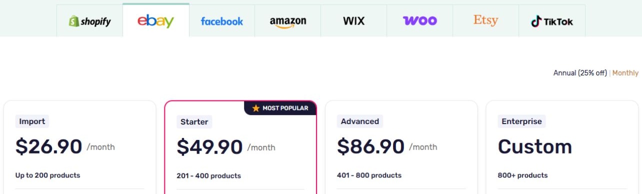 AutoDS pricing with the eBay sales channel and monthly billing selected