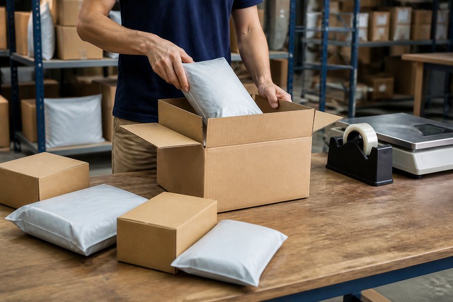 Several small ecommerce parcels being combined into one outbound carton at a warehouse packing bench