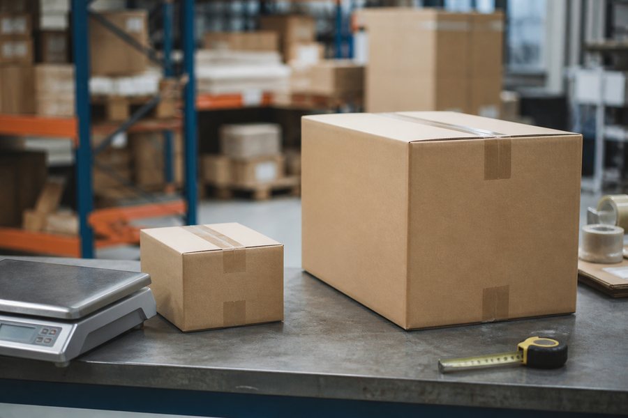 A compact parcel and a much larger parcel beside a shipping scale and measuring tape