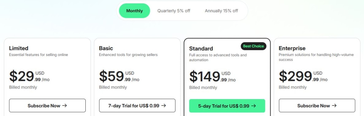 Doba pricing page with monthly billing selected and four plan levels