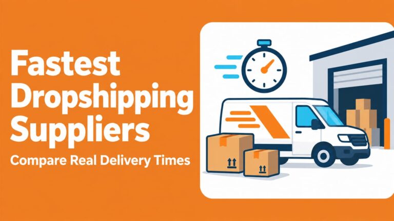 Fastest dropshipping suppliers comparison with a delivery truck, warehouse and clock