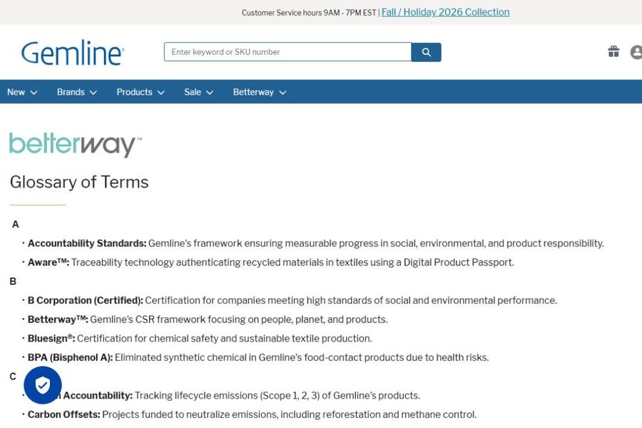 Gemline official betterway glossary explaining product responsibility and traceability terms