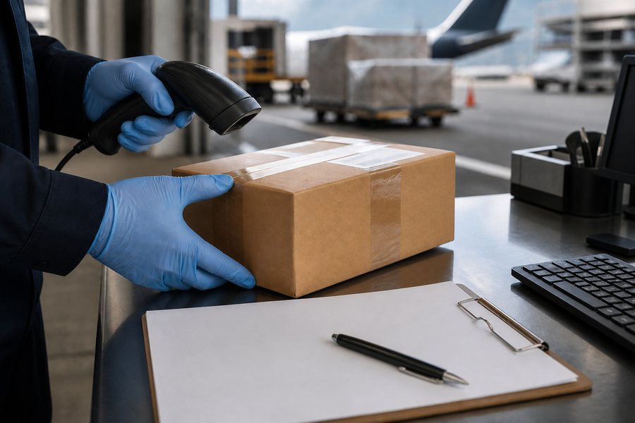 A generic international ecommerce parcel being scanned during customs inspection at an airport cargo facility