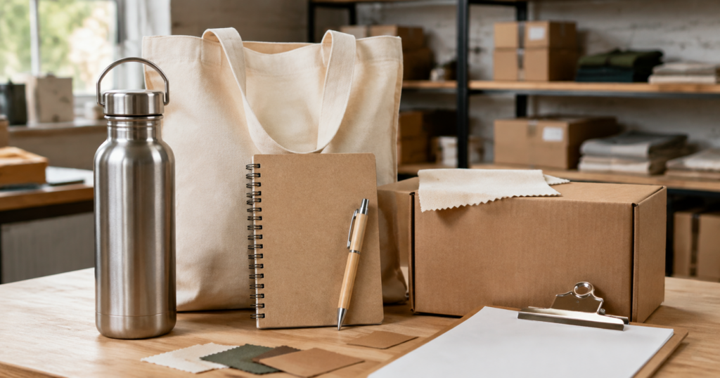Verified eco-friendly promotional merchandise samples including a reusable bottle, cotton tote, recycled-paper notebook, bamboo pen, and minimal packaging