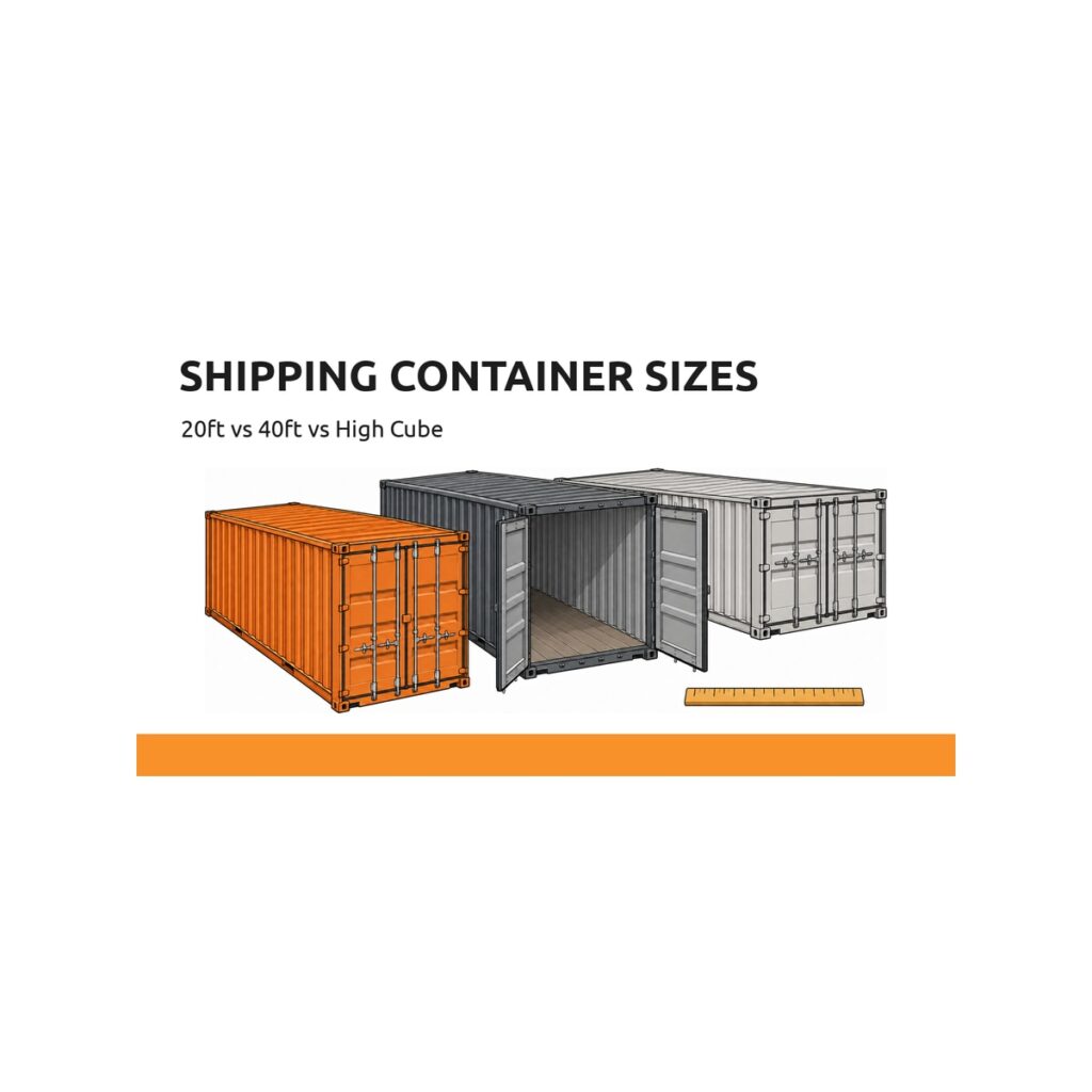 Comparison of each size of shipping container: 20ft standard, 40ft standard and 40ft high cube