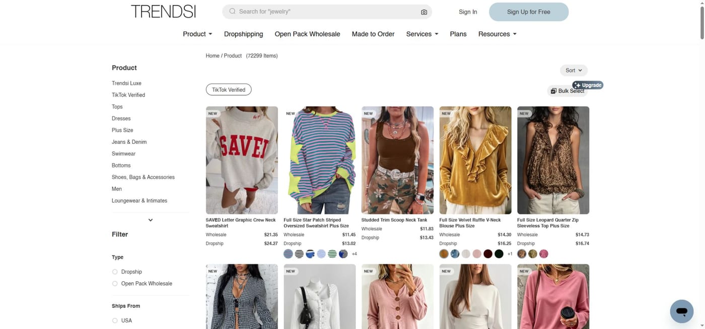 Trendsi catalog with the ship-from filter and apparel listings