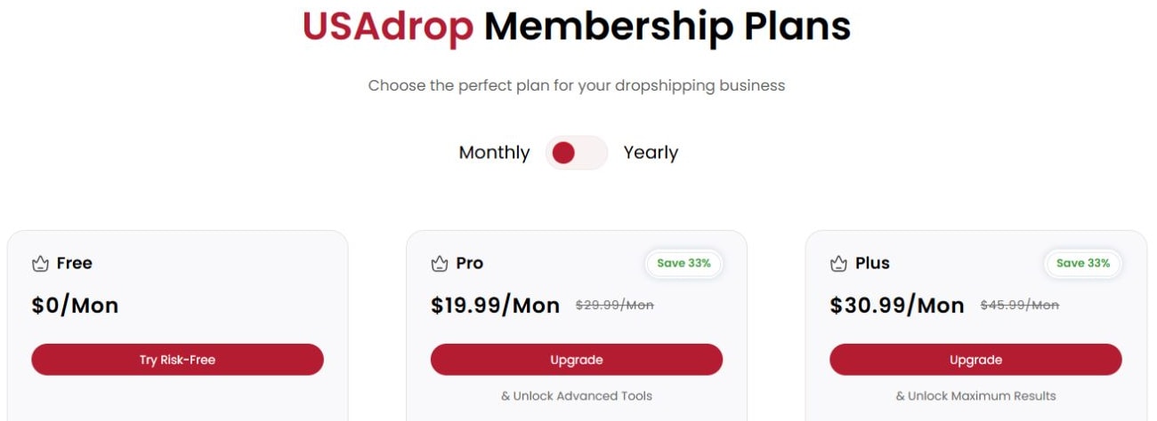 USAdrop membership page with monthly billing selected