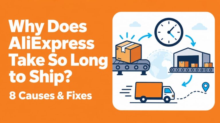 Why does AliExpress take so long to ship? Parcel, clock and delivery truck illustration