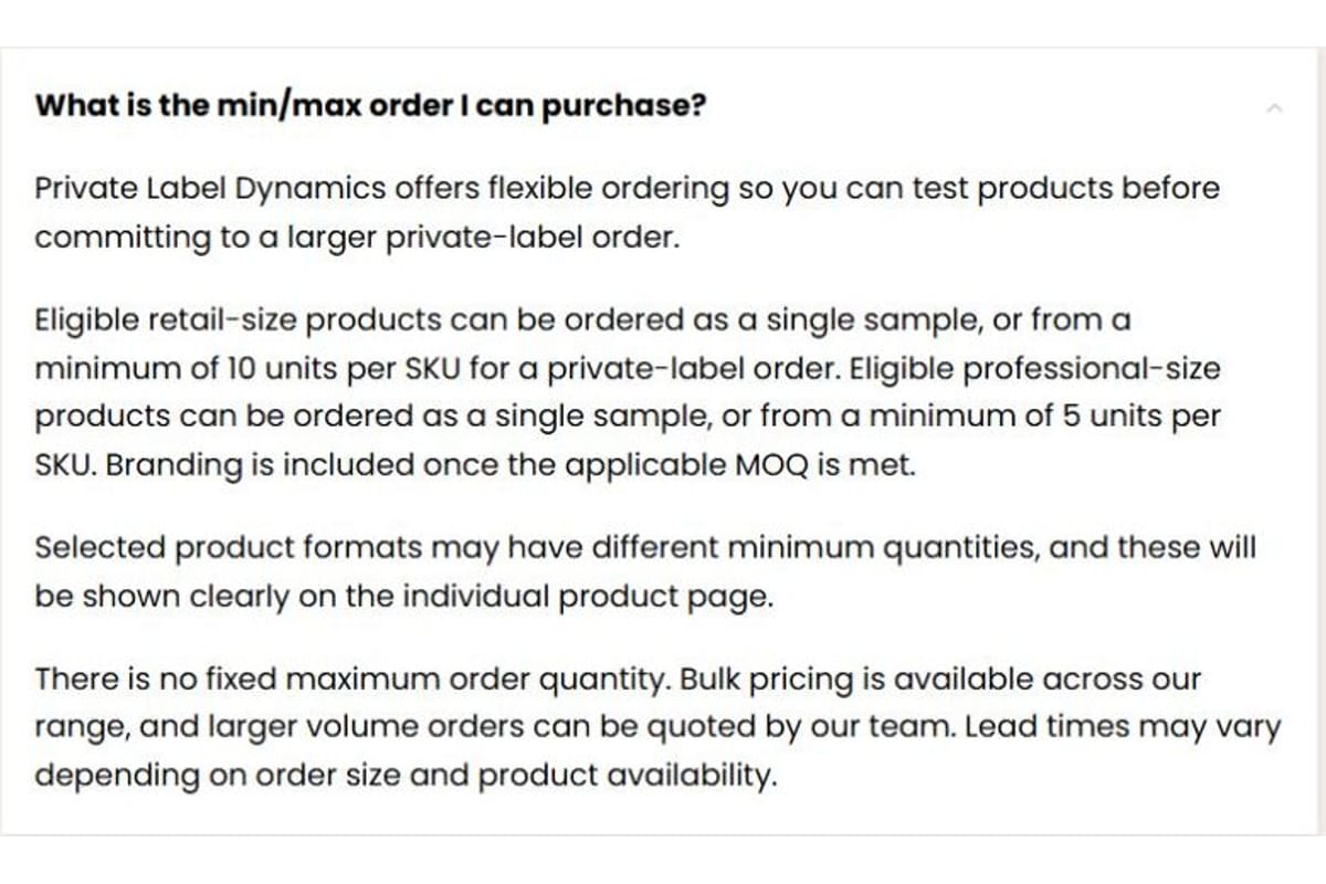 Private Label Dynamics FAQ explaining different minimums for eligible retail and professional products