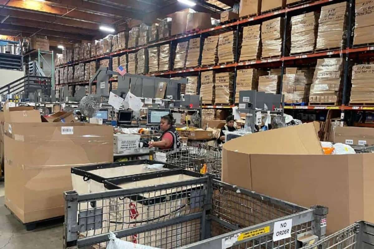 Cartons and handling equipment inside the company's USA warehouse